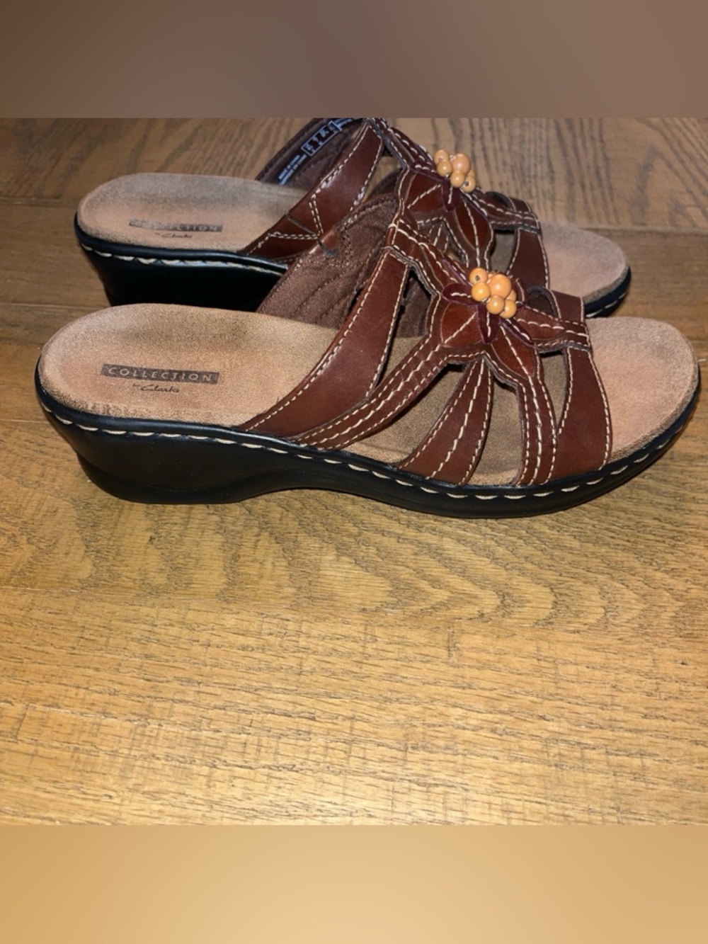 Clarks Lexi Myrtle Brown Wedge Leather Comfort Sandals Sz 7 W Wide